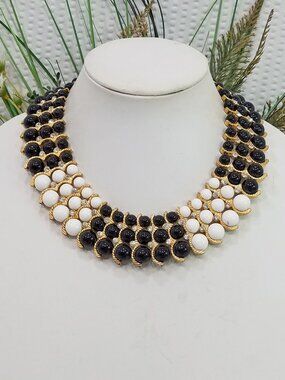 Couture Black & White Bead & Crystal Gold Tone 3-Row Cleopatra Collar Necklace